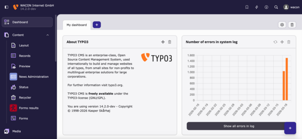 Screenshot vom Dashboard TYPO3 v14
