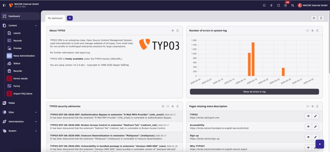 Screenshot vom TYPO3 Dashboard